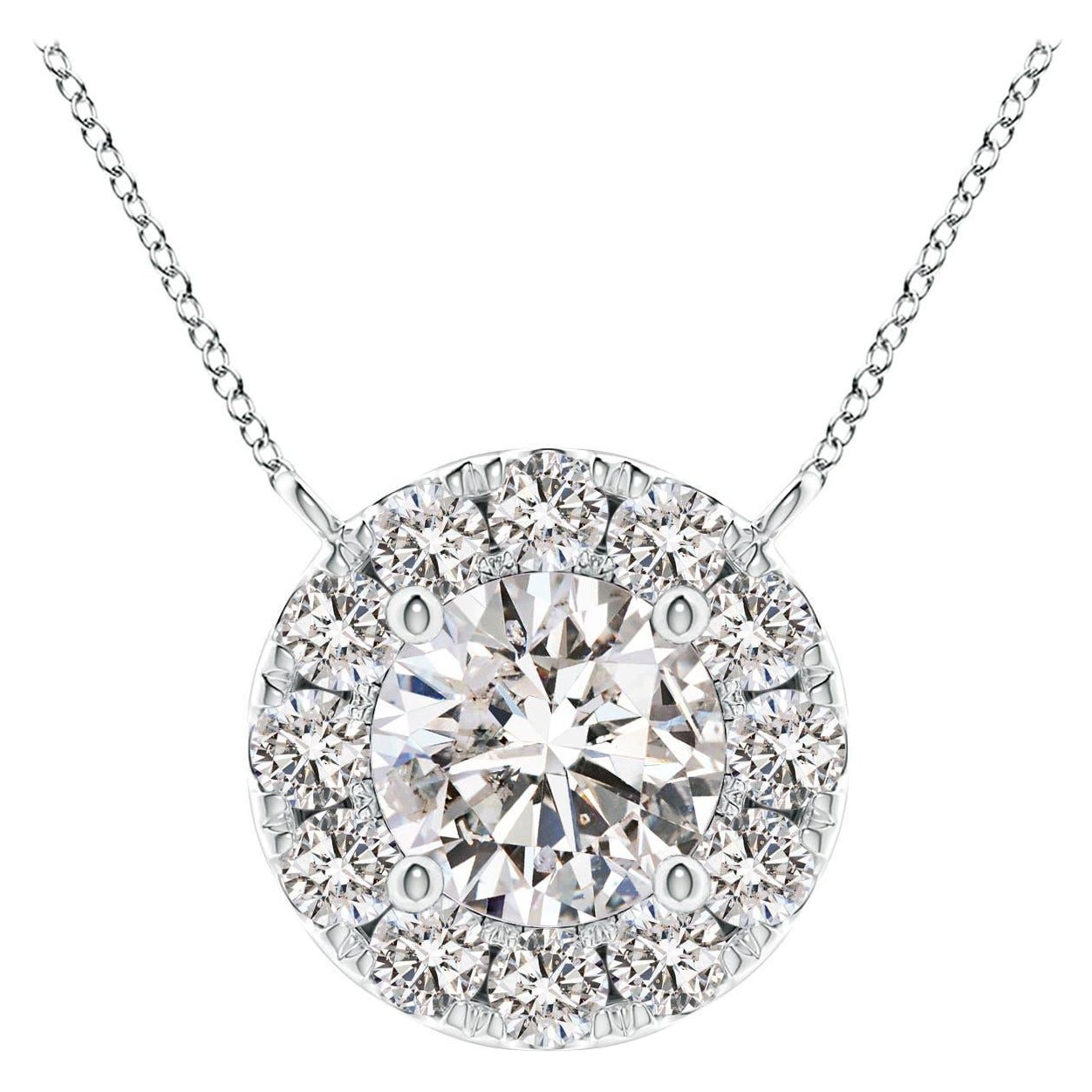 Angara Natural Round Diamond Necklace with Halo in 14K White Gold for Women For Sale
