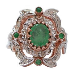 Emeralds, Diamonds, Rose Gold and Silver Ring.