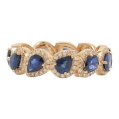 Pear Blue Sapphire Halo Diamond Eternity Band Ring in 14k Solid Gold (Certified)