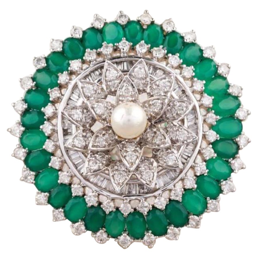 Bague cocktail émeraude fleur diamant perle en or massif 14K (certifié)