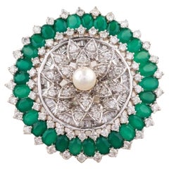 Bague cocktail émeraude fleur diamant perle en or massif 14K (certifié)