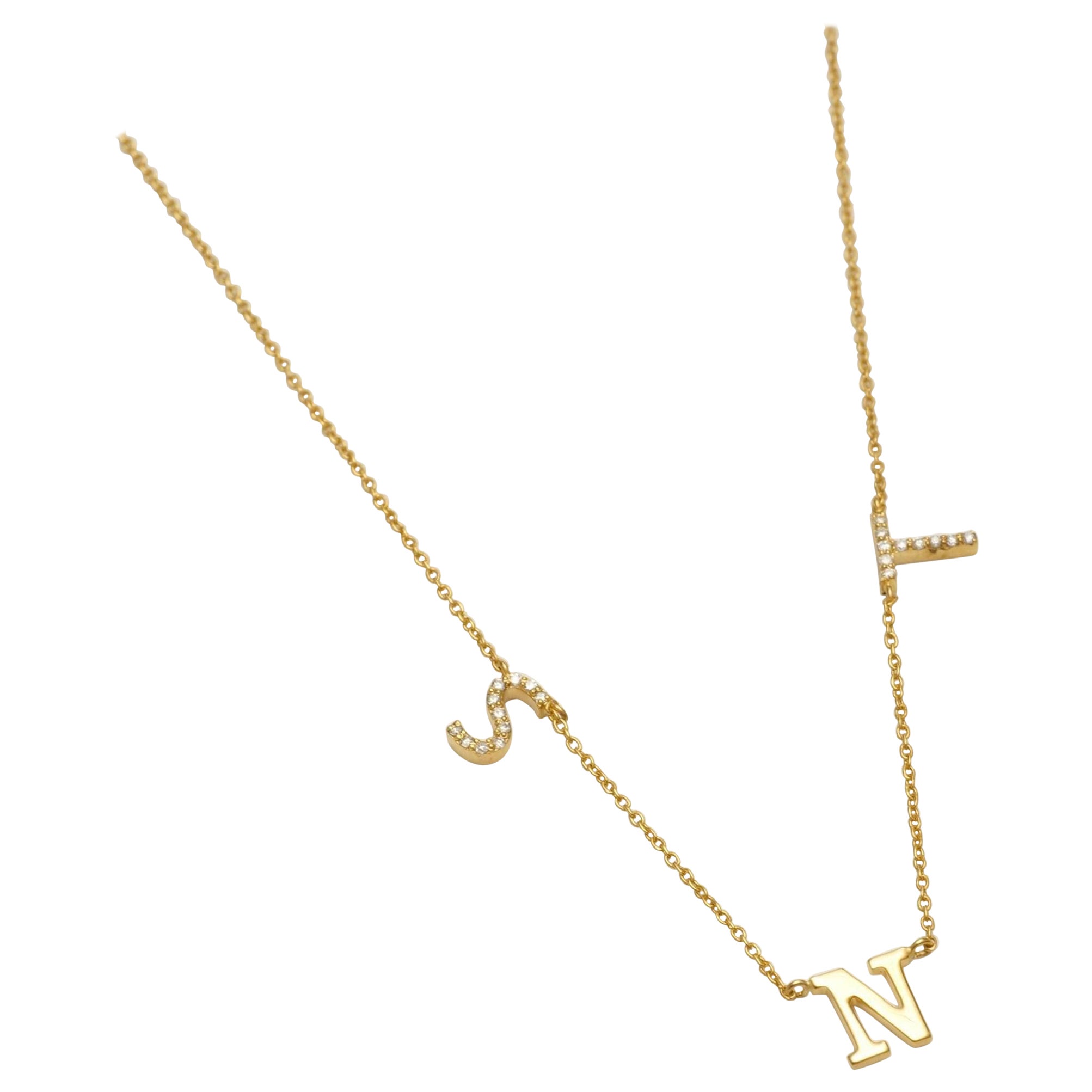 Collier de diamants en or massif 14 carats (certifié) avec breloque pour le nom et les initiales