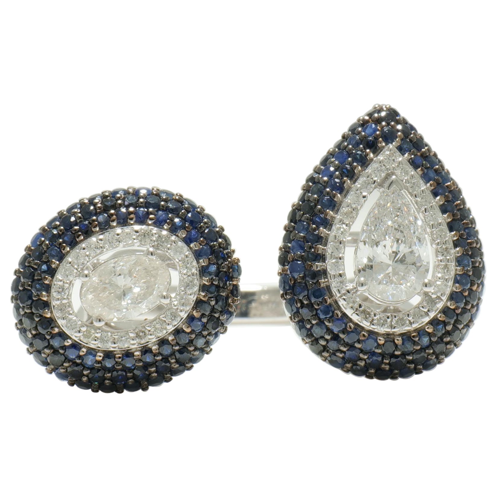 Blauer Saphir Diamant Offene Manschette Edelstein Ring in 14K Solid Gold (zertifiziert) im Angebot