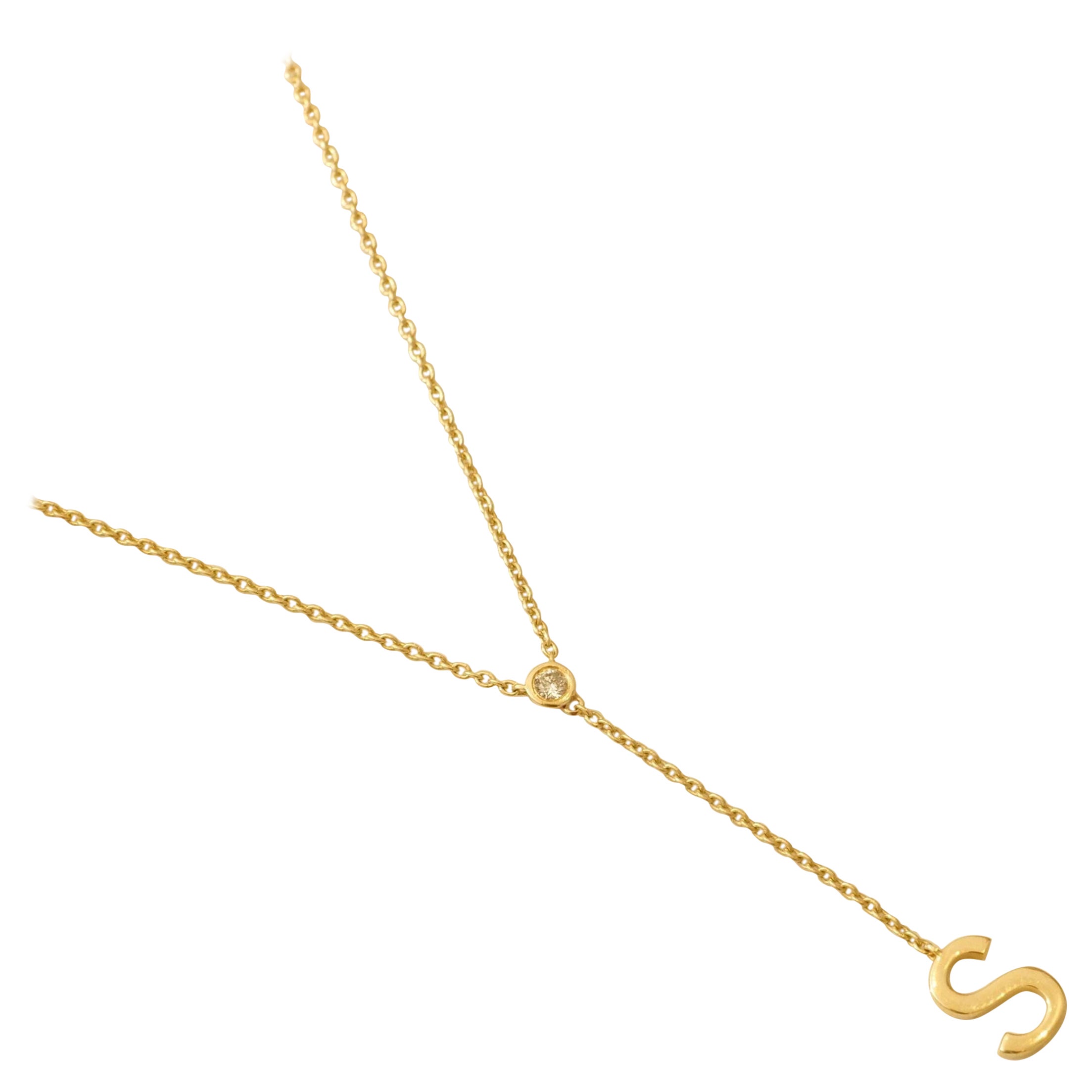 Collier Lariat en or massif 14K (certifié) avec initiales en diamant et lunette sur mesure