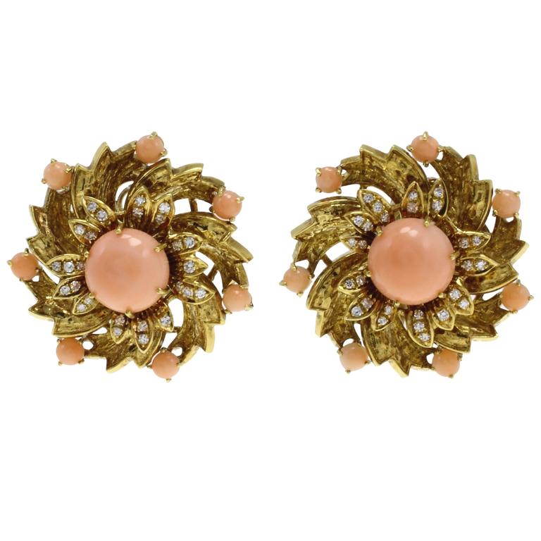 Gold Diamond Coral ClipOn Earrings at 1stdibs