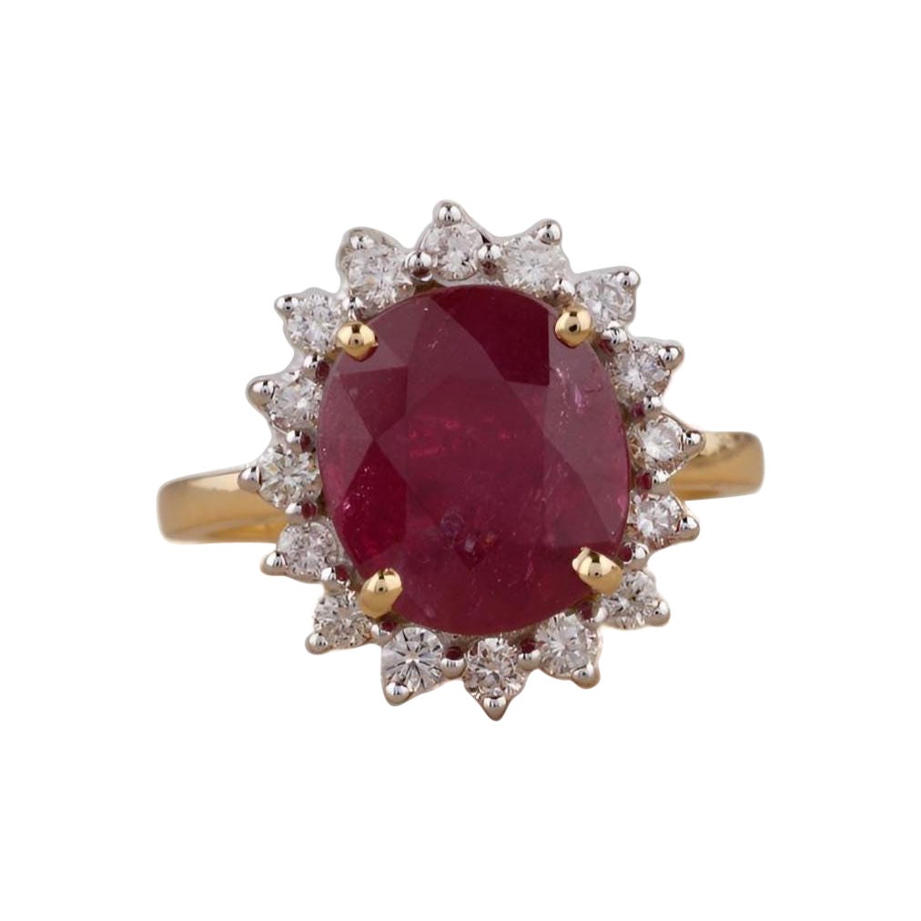 Ovaler Rubin-Edelstein-Diamant-Ring aus 14 Karat massivem Gold (zertifiziert) im Angebot