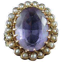Antique Signet Ring with Amethyst and Natural Pearls, 19th Century