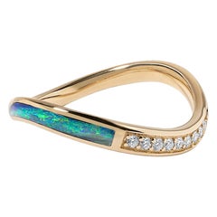 High Grade Five Star Australian Opal Diamond Wavy Stacker Ring 14K Gold