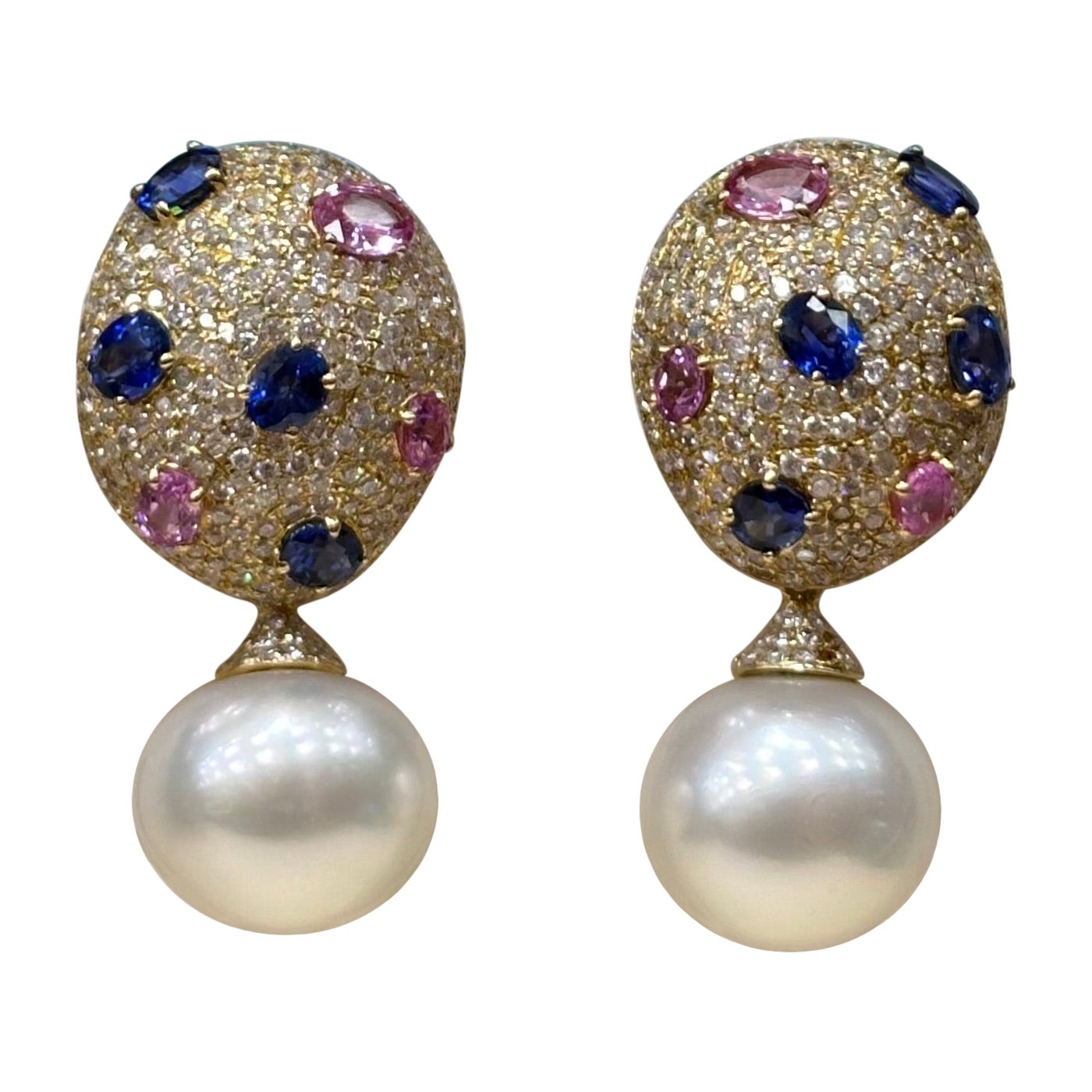 Oval Diamond and Pink and Blue Sapphires Pearl Drop Earrings For Sale