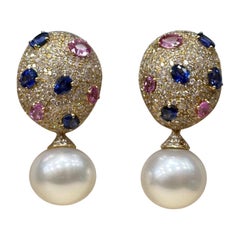 Oval Diamond and Pink and Blue Sapphires Pearl Drop Earrings