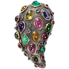 Marilyn Cooperman Multi-Gem, Gold and Oxidized Sterling Silver Brooch 10