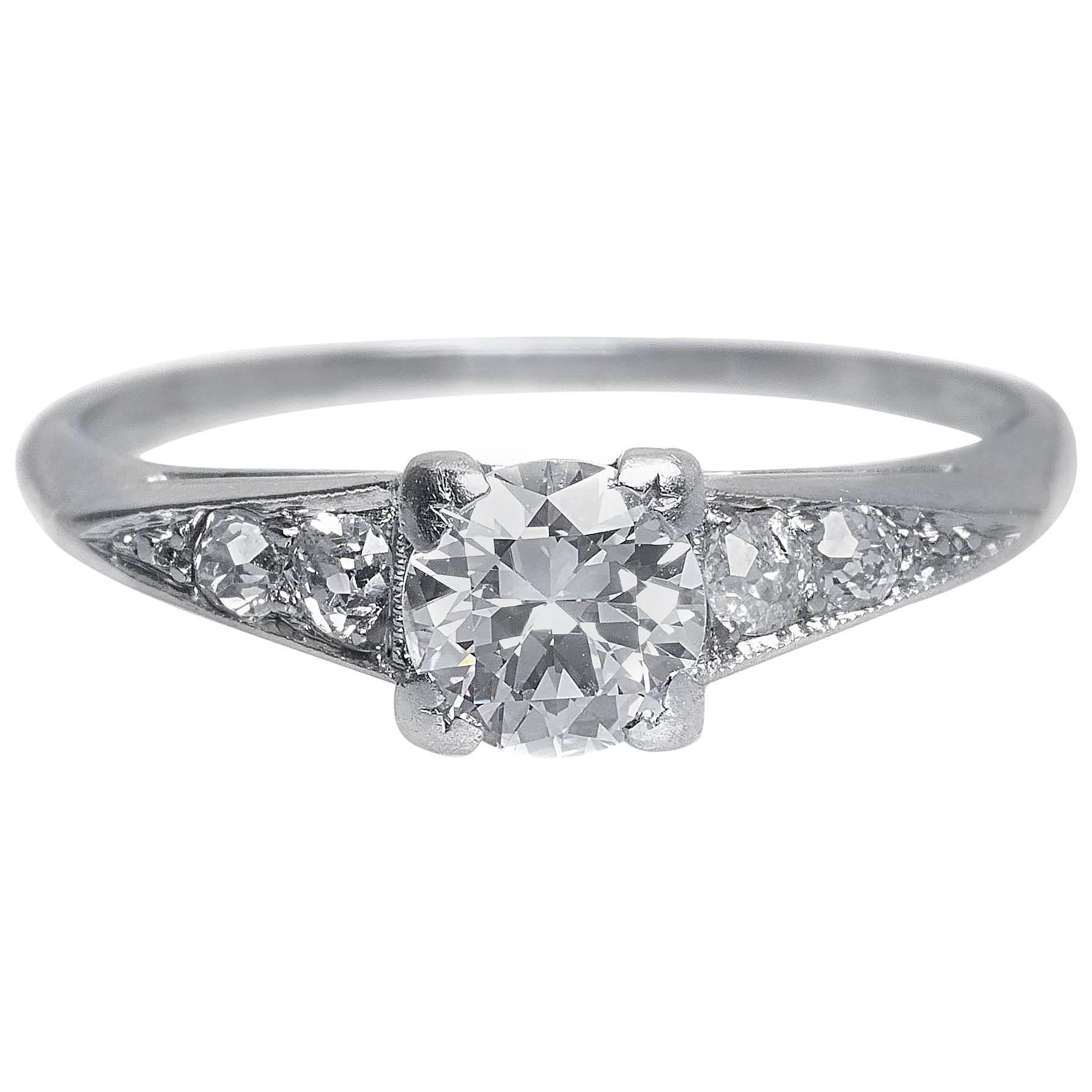 1930s Art Deco .60 Carat Old European Cut Diamond Platinum Engagement Ring For Sale