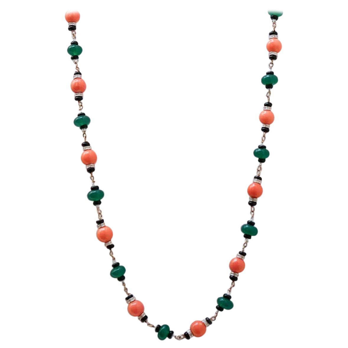 Koralle, Grüner Achat, Bergkristall, Onyx, Diamanten, Rose Gold Halskette. im Angebot