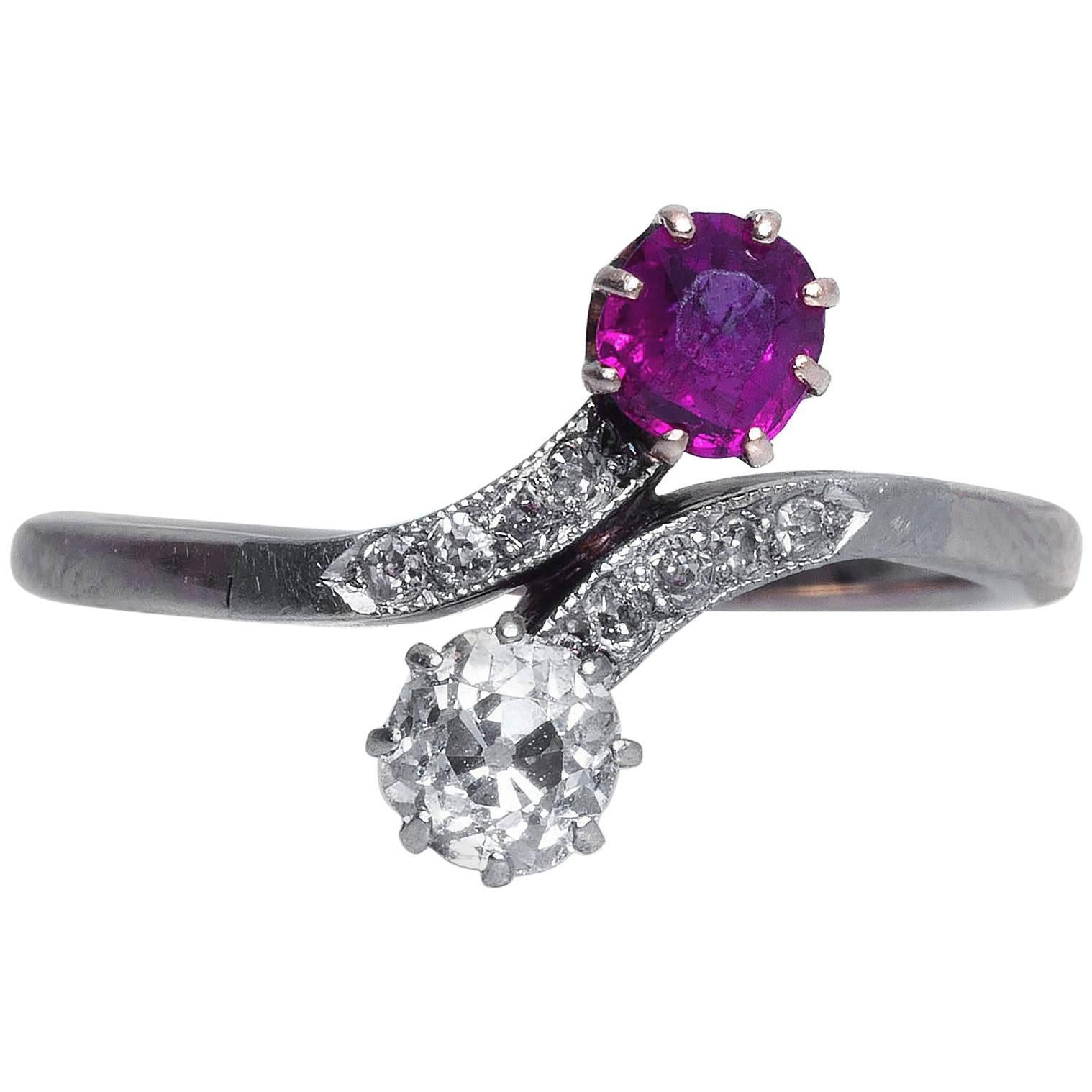 1890s Ruby Diamond Yellow Gold Platinum Toi et Moi Engagement Ring