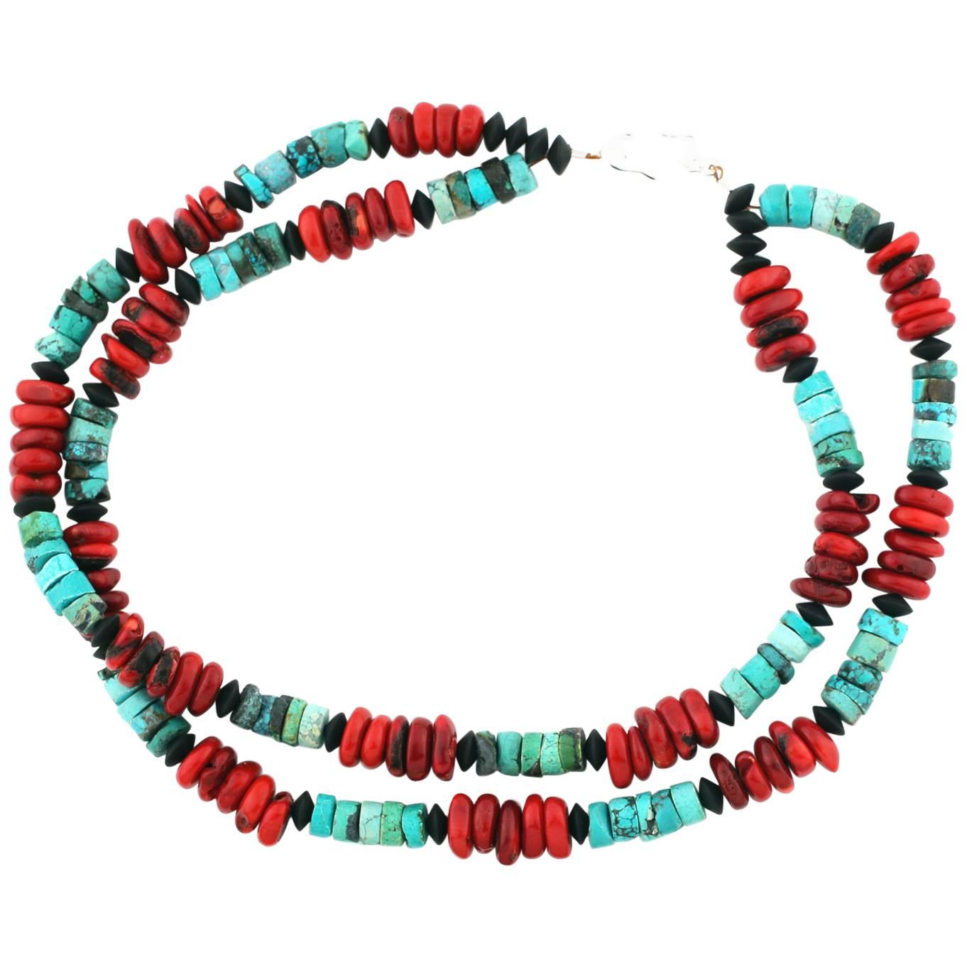 Gemjunky Exquisite Double Strand Turquoise and Bamboo Coral Necklace