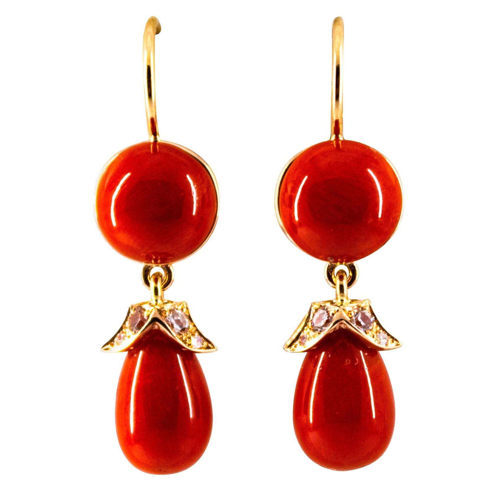 Mediterranean Red Coral 0.20 Carat White Diamond Yellow Gold Lever-Back Earrings