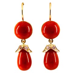 Mediterranean Red Coral 0.20 Carat White Diamond Yellow Gold Lever-Back Earrings