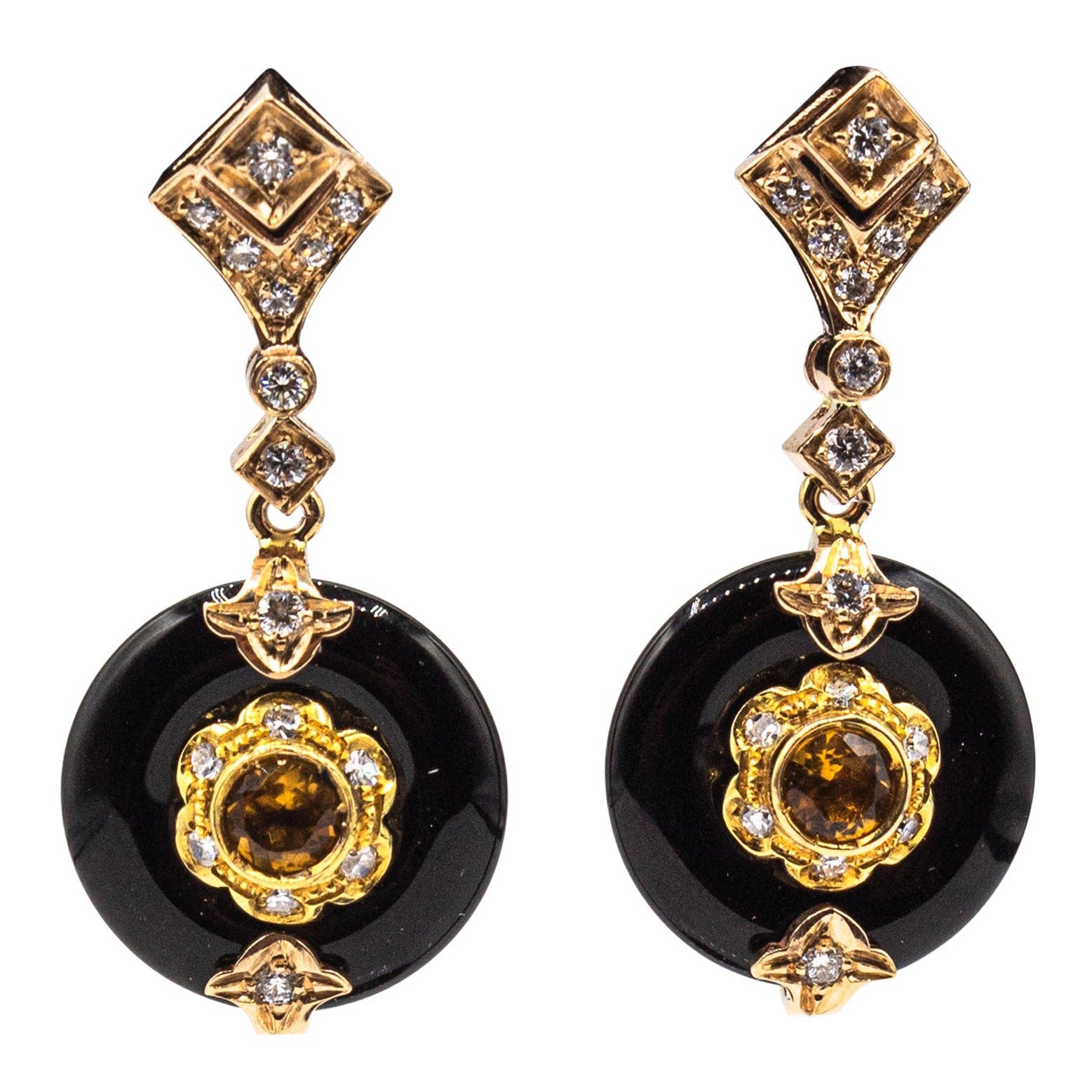 Art Deco Style White Diamond Handcut Onyx Citrine Yellow Gold Stud Earrings