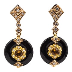 Art Deco Style White Diamond Handcut Onyx Citrine Yellow Gold Stud Earrings