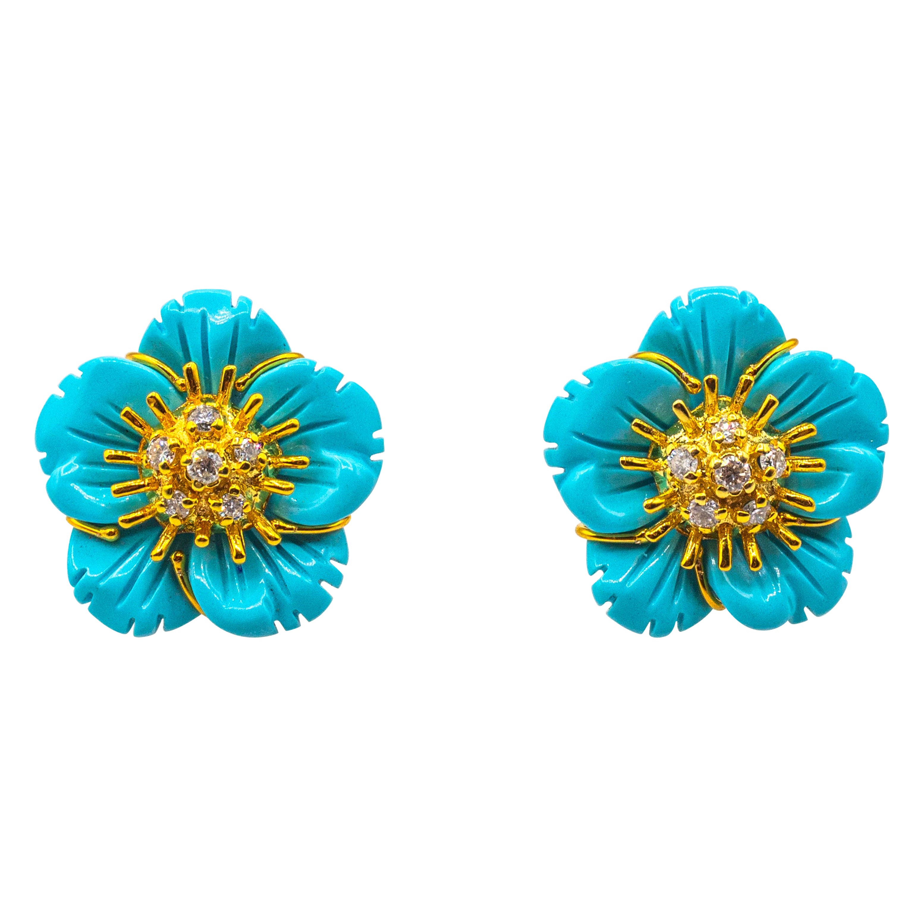 Boucles d'oreilles fleurs à clip en or jaune, diamant blanc et turquoise de style Art Nouveau en vente