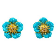 Art Nouveau Style White Diamond Turquoise Yellow Gold Clip-On Flowers Earrings