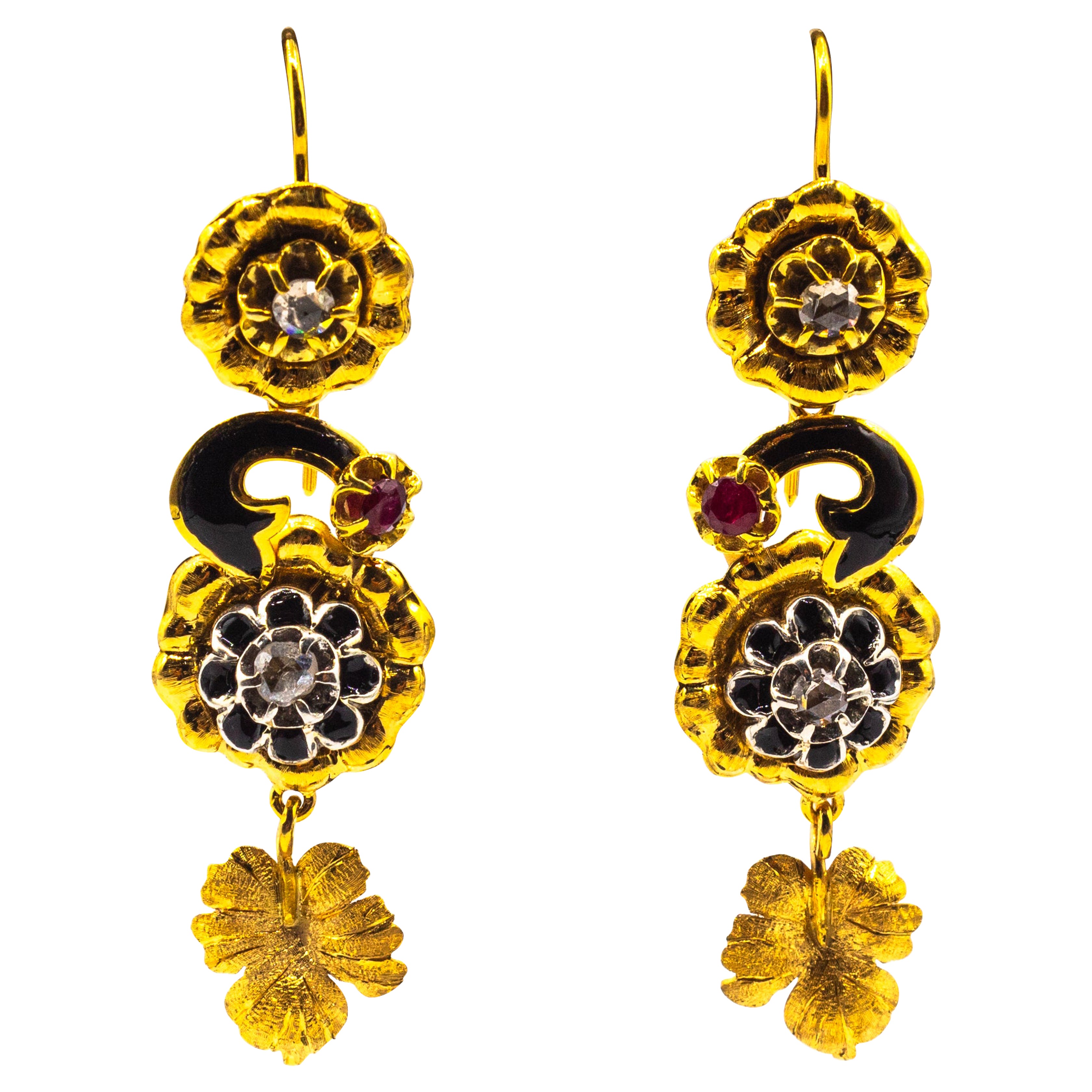 Pendientes "Flores" Estilo Art Nouveau Diamante Blanco Tallado Rosa Rubí Oro Amarillo en venta