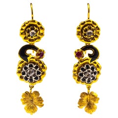 Pendientes "Flores" Estilo Art Nouveau Diamante Blanco Tallado Rosa Rubí Oro Amarillo