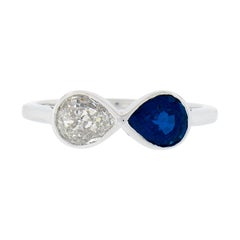 NEW Platinum GIA Bezel Set NO HEAT Sapphire & Diamond Dual Pear Cut 2 Stone Ring