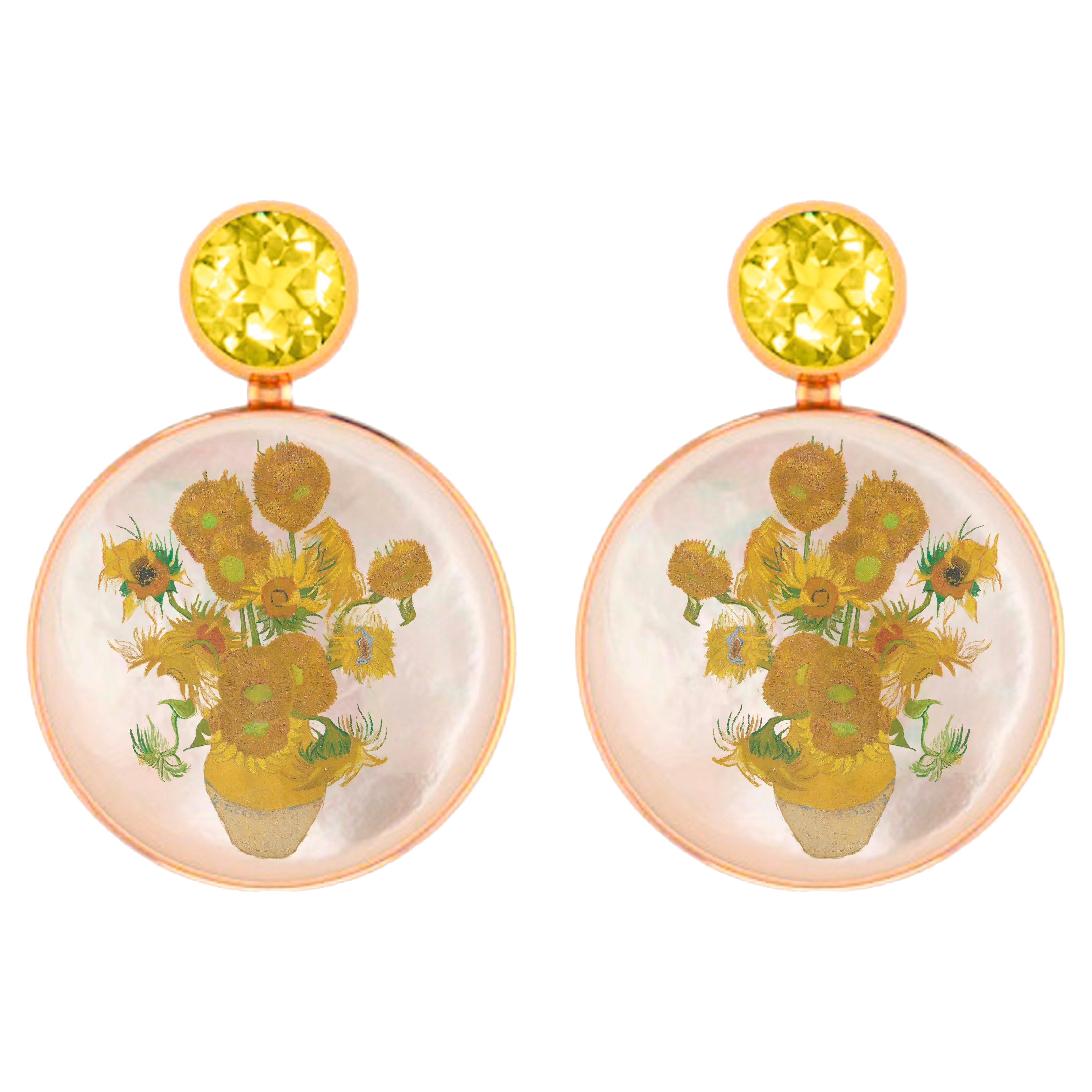 Boucles d'oreilles Tournesols Van Gogh Clous d'oreilles avec citrines et nacre. en vente