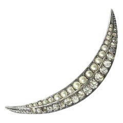 Viktorianische Brosche aus 925er Sterlingsilber mit Halbmond, besetzt mit Perlen, 1990er Jahre