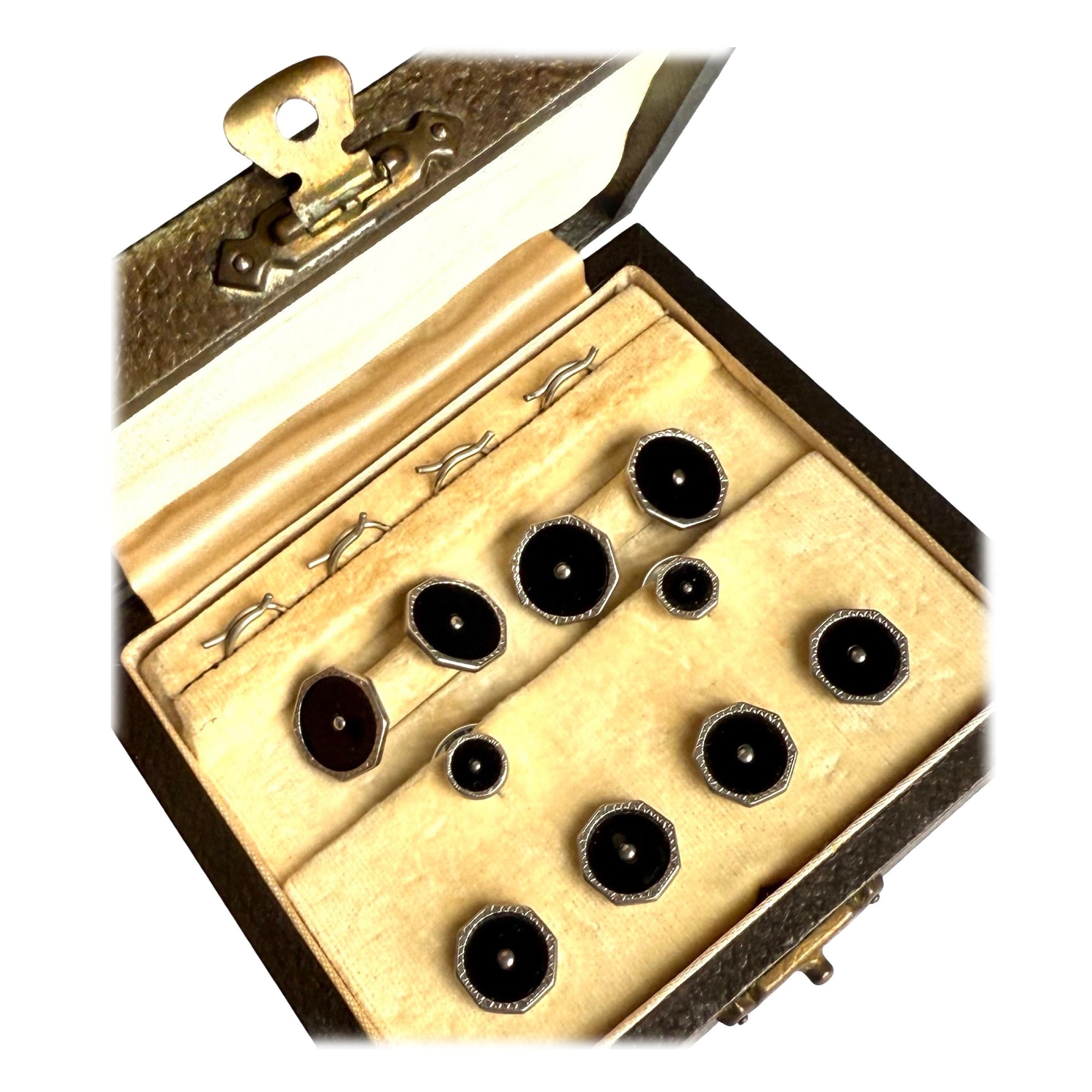 Art Deco buttons with matching cufflinks in original box, mint condition