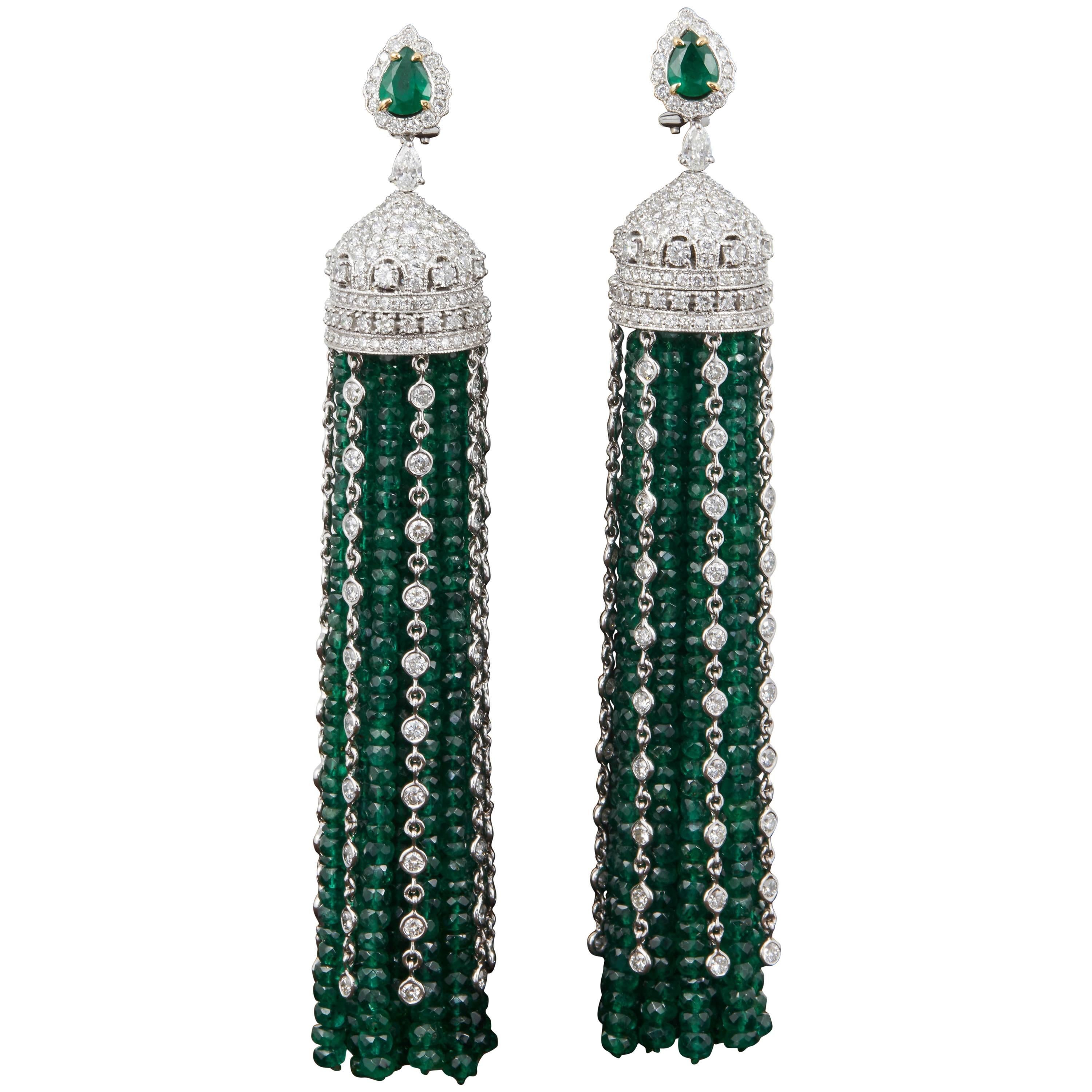 Important Green Emerald and Diamond Tassel Earrings