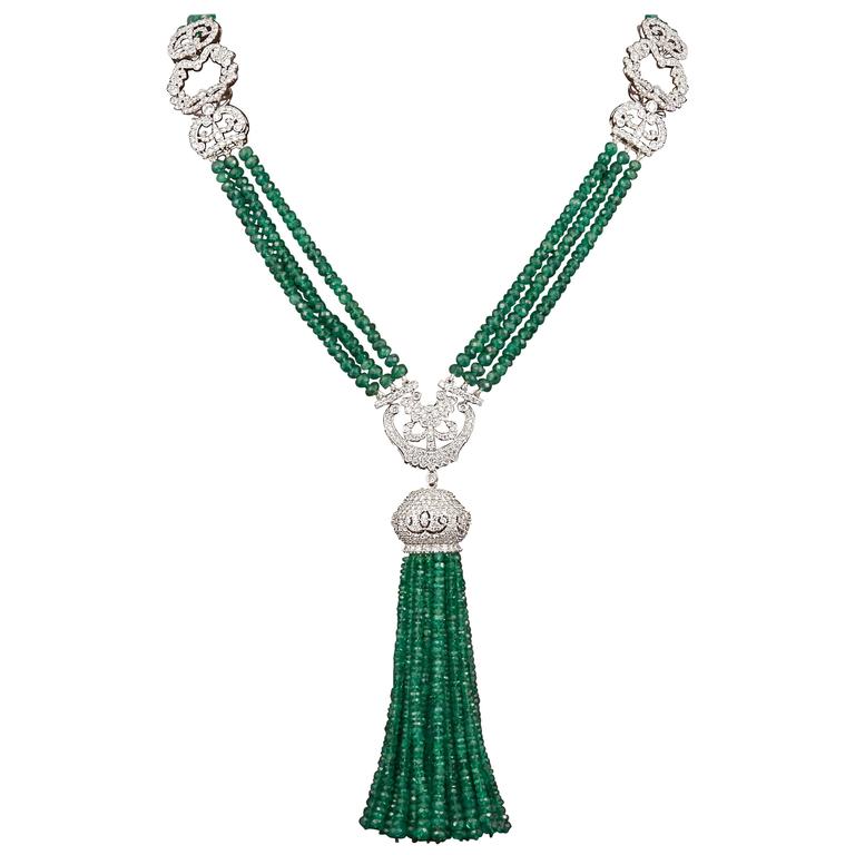 Unique Green Emerald and Diamond Tassel Necklace For Sale at 1stDibs | green  tassel necklace, tassle necklace, emerald tassel suite