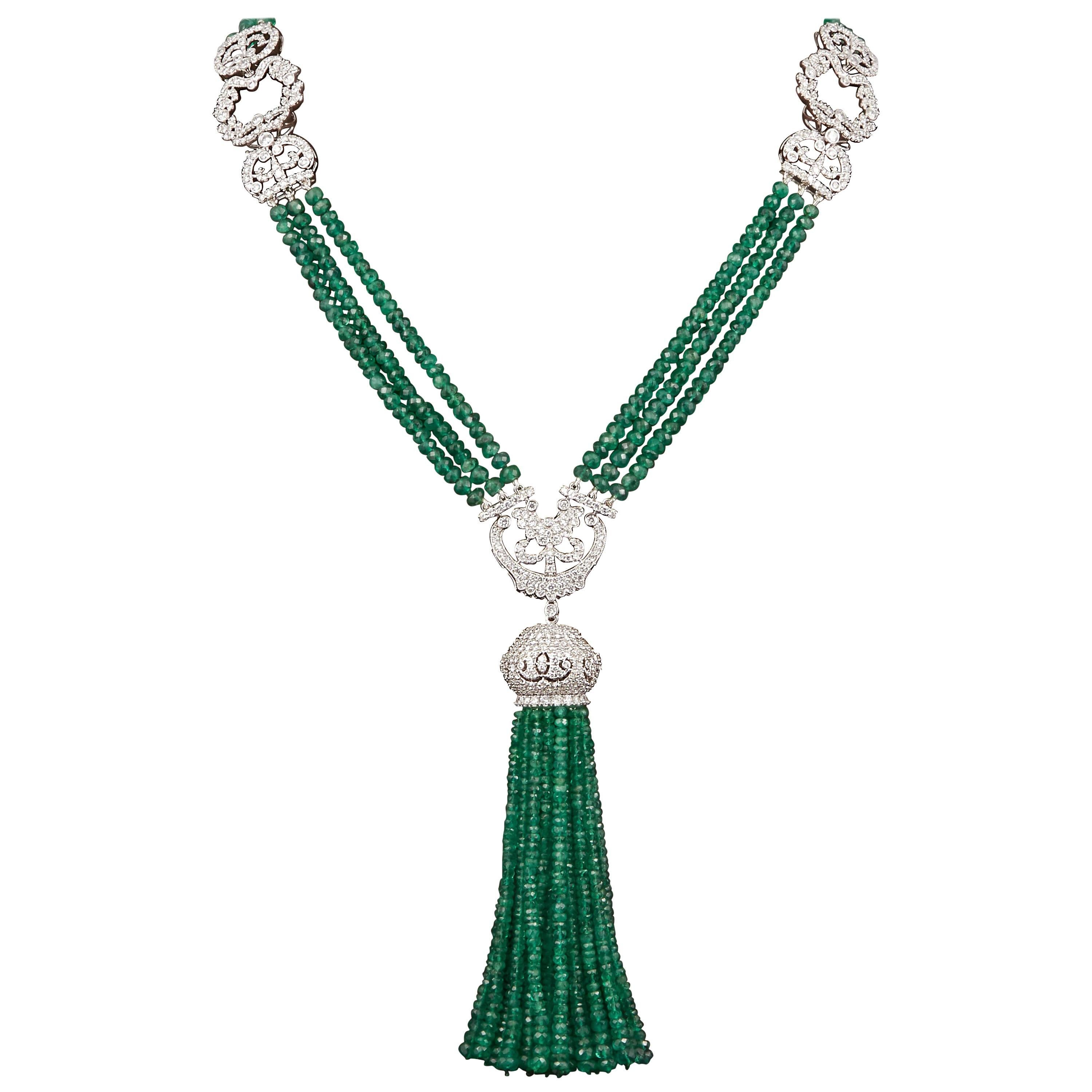 Unique Green Emerald and Diamond Tassel Necklace For Sale