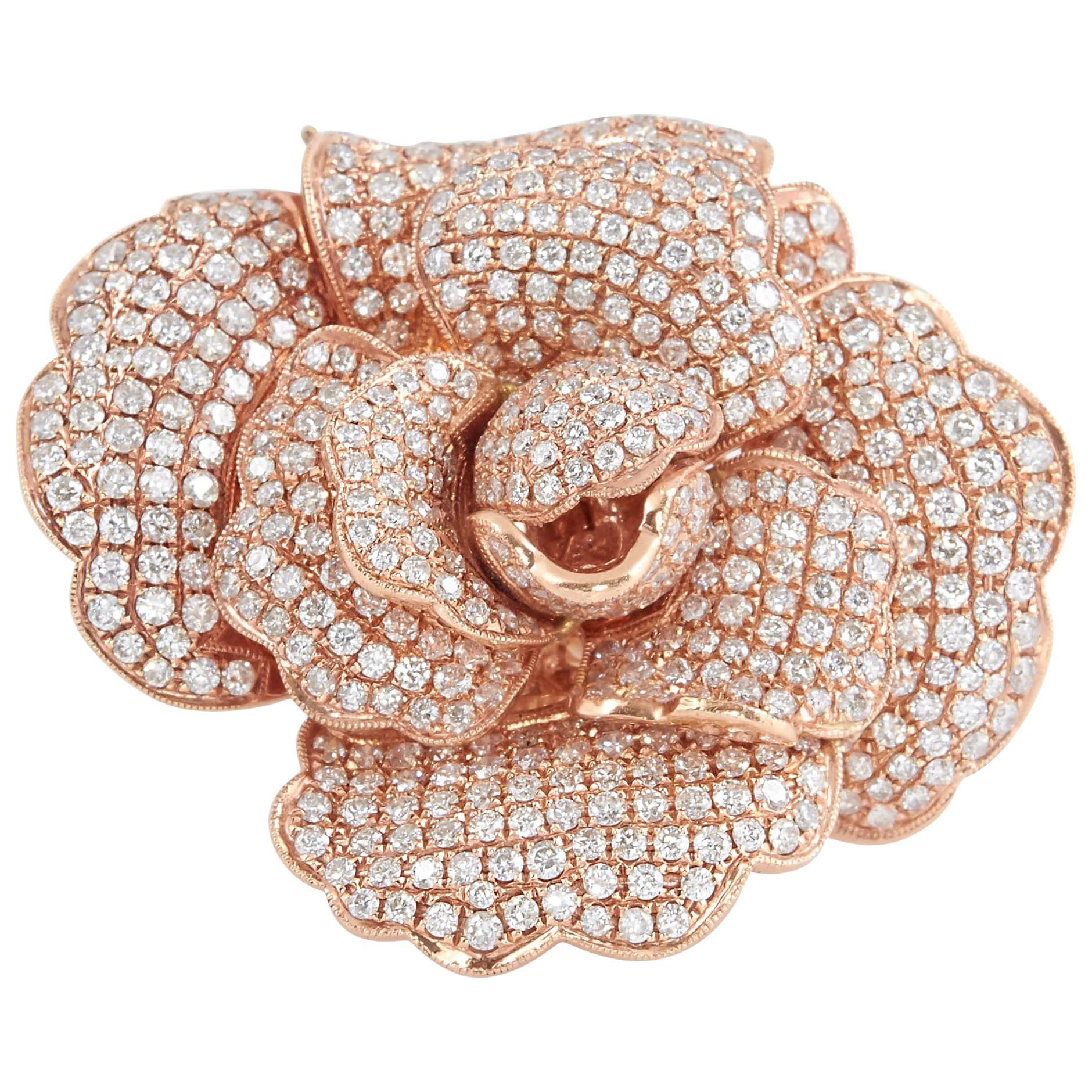 Diamond Pavé Rose Gold Rose Ring Pendant For Sale