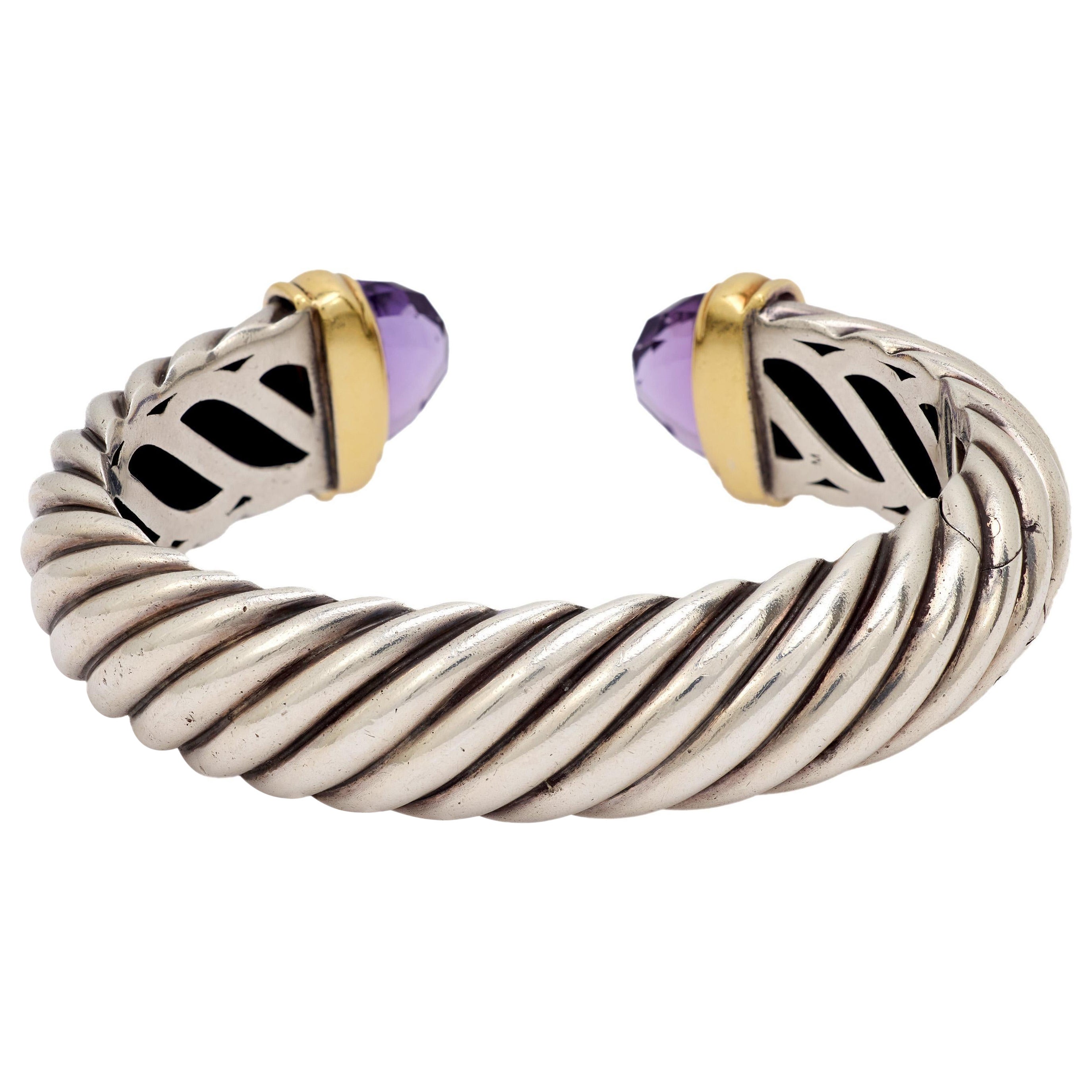 David Yurman amethyst 18k yellow gold and silver hinged cuff bracelet For Sale