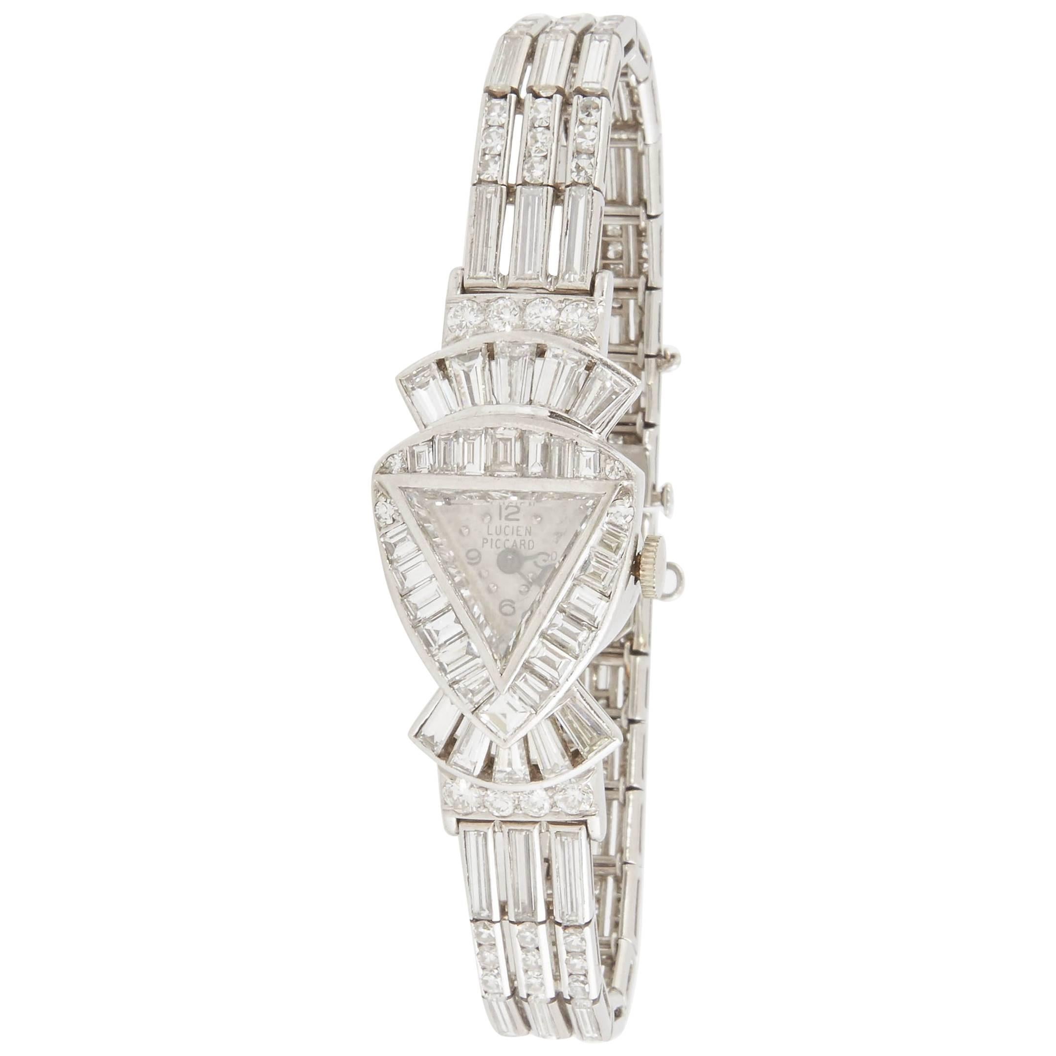 Lucien Piccard Damen Art Deco Platin-Diamant-Armbanduhr im Angebot