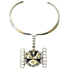 M. Sutton Sterling Silver Wood Modernist Mask Necklace 8