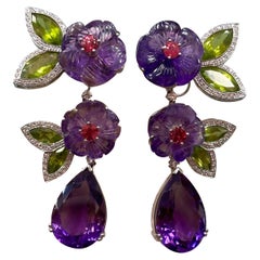 Carved Amethyst Peridot and Diamond Dangling Earrings