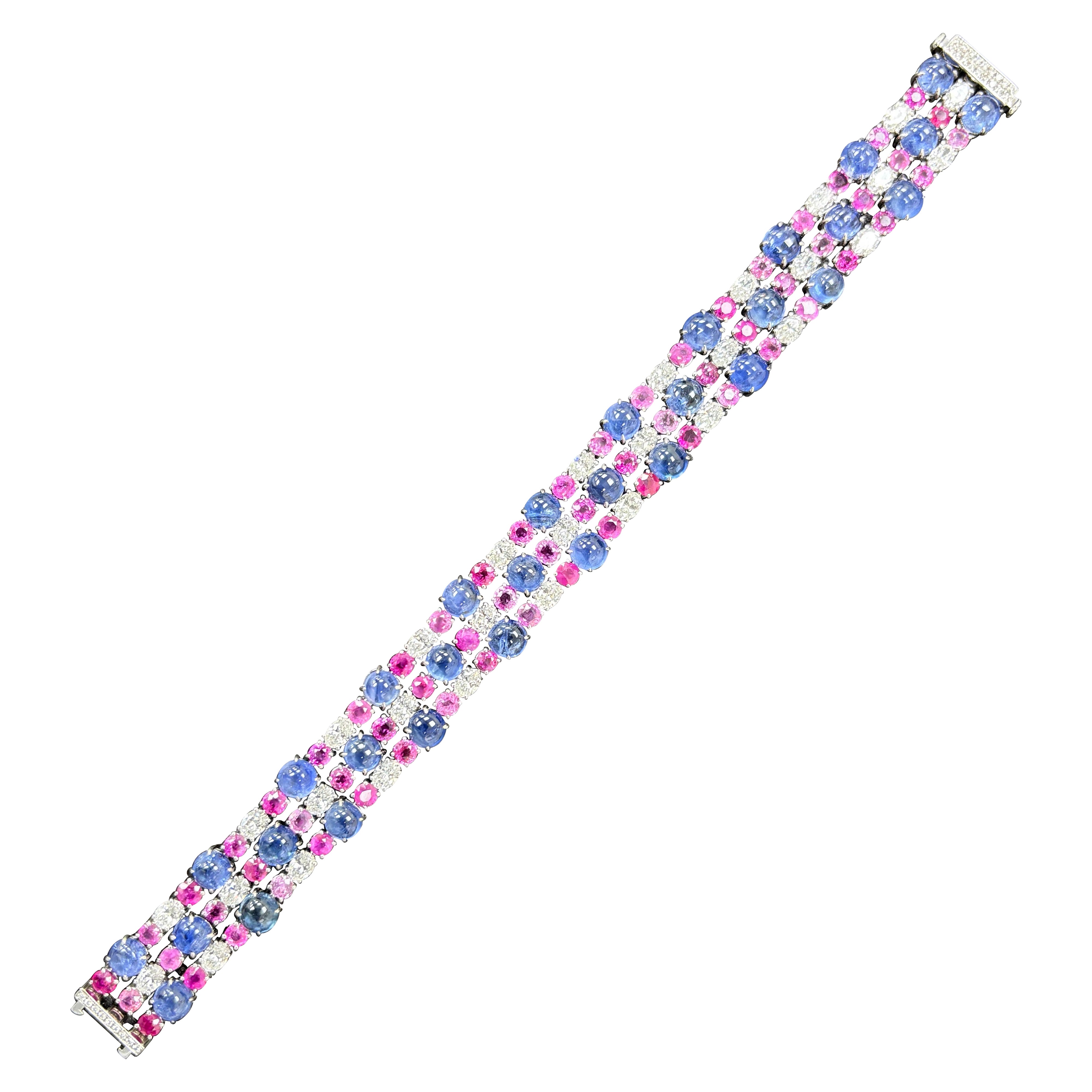 Burma No Heat Sapphire Cabochon Pink Sapphire White Diamond Platinum Bracelet For Sale