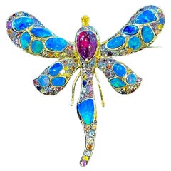 Bochic “Candy Butterfly” Fire Opal, Ruby & Sapphire Vintage Brooch Set 18K Gold