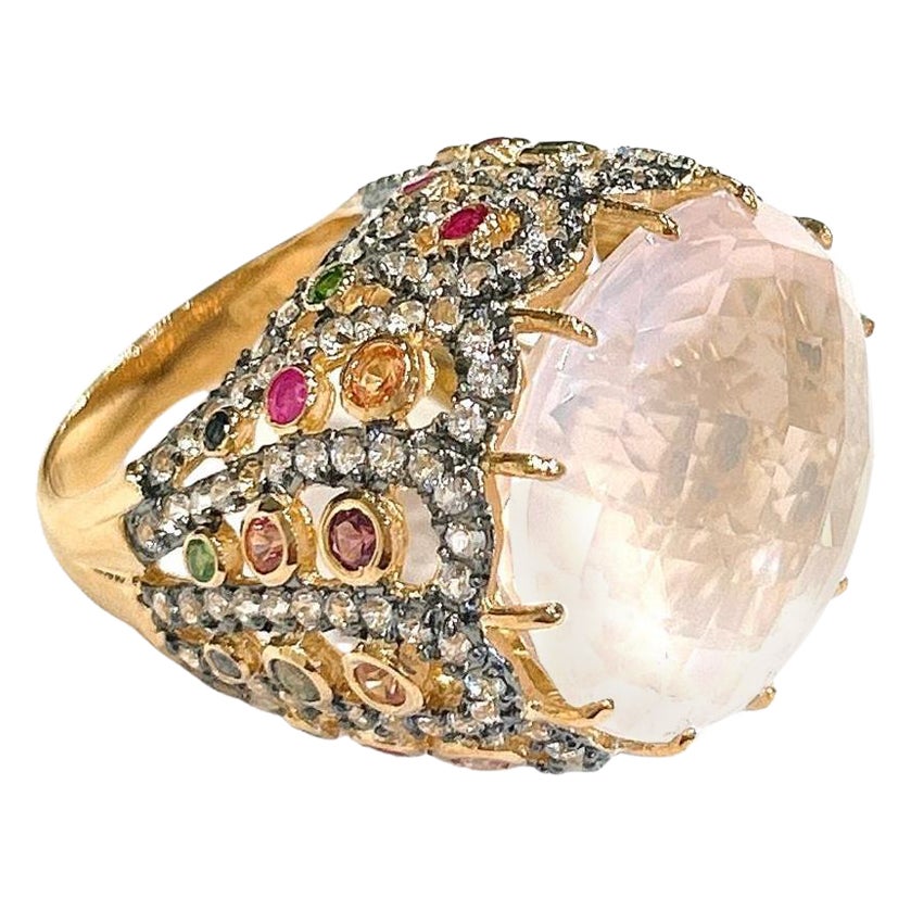 Anello Bochic "Orient" con quarzo rosa e zaffiro in oro e argento 18 carati in vendita