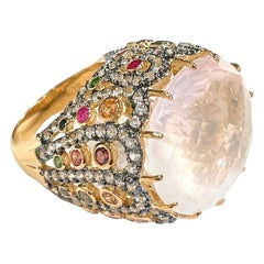Anello Bochic "Orient" con quarzo rosa e zaffiro in oro e argento 18 carati