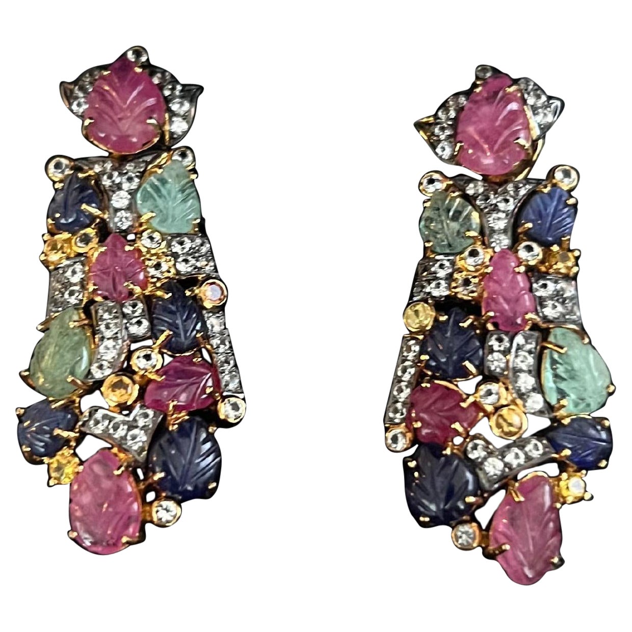 Bochic "Orient" Set di orecchini con smeraldo, rubino e zaffiro multiplo in oro e argento 18 carati