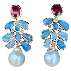 Bochic "Orient" Boucles d'oreilles Vintage Rubis, Opale & Saphirs Or 18K & Silver