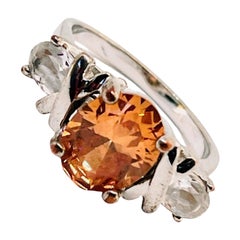 Vintage XO Ring in Warm Orange & Clear CZ, Brass Hug & Kiss Setting, Size 7.25