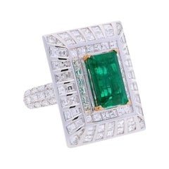 5.17 Carat Colombian Emerald & Baguette Diamond Rectangle Art Deco Frame Ring