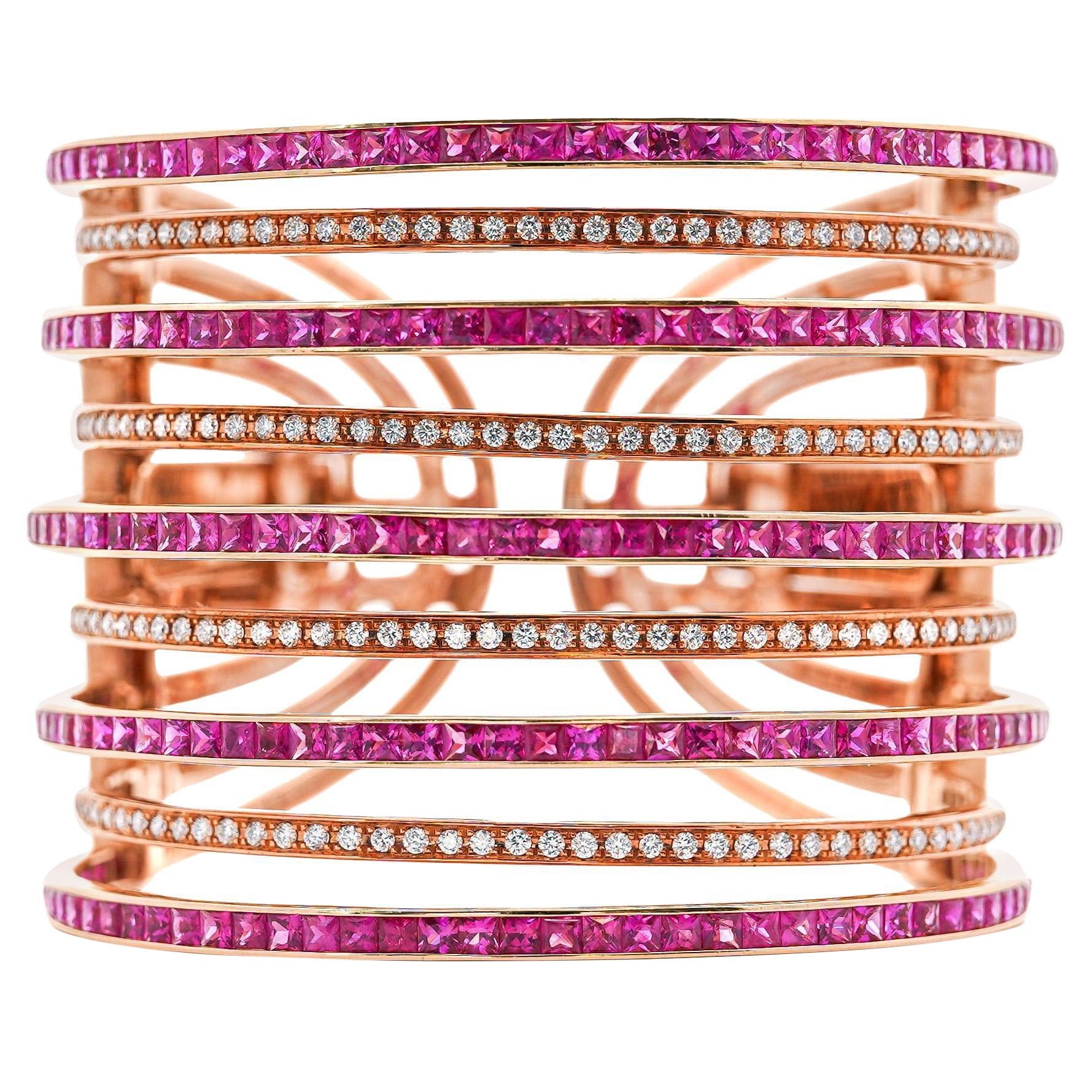 25 Carat Pink Sapphire & Diamond 18K Rose Gold Multi-Row Cuff Bangle Bracelet