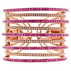 25 Carat Pink Sapphire & Diamond 18K Rose Gold Multi-Row Cuff Bangle Bracelet