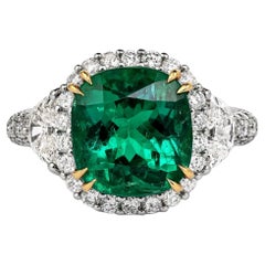 AGL Certified 3.52 Carat Cushion Colombian Emerald & Half Moon Diamond Ring